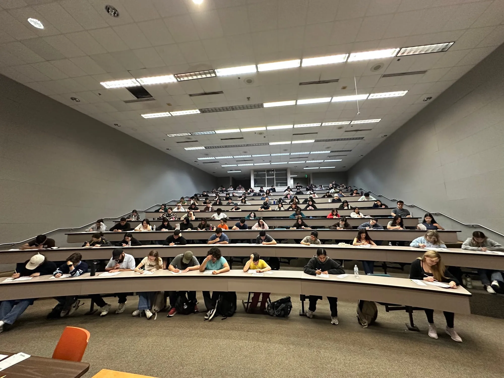Students seated in a large lecture hall during class